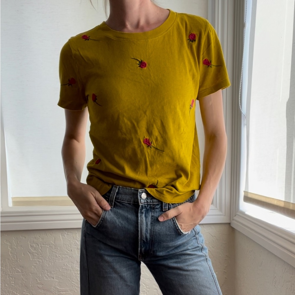 J. Crew Embroidered Rose Mustard Yellow T-Shirt, Size XS
